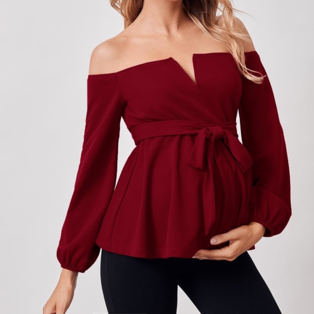 MATERNITY Burgundy off shoulder belted blouse Minimalist - Picture 1 of 7